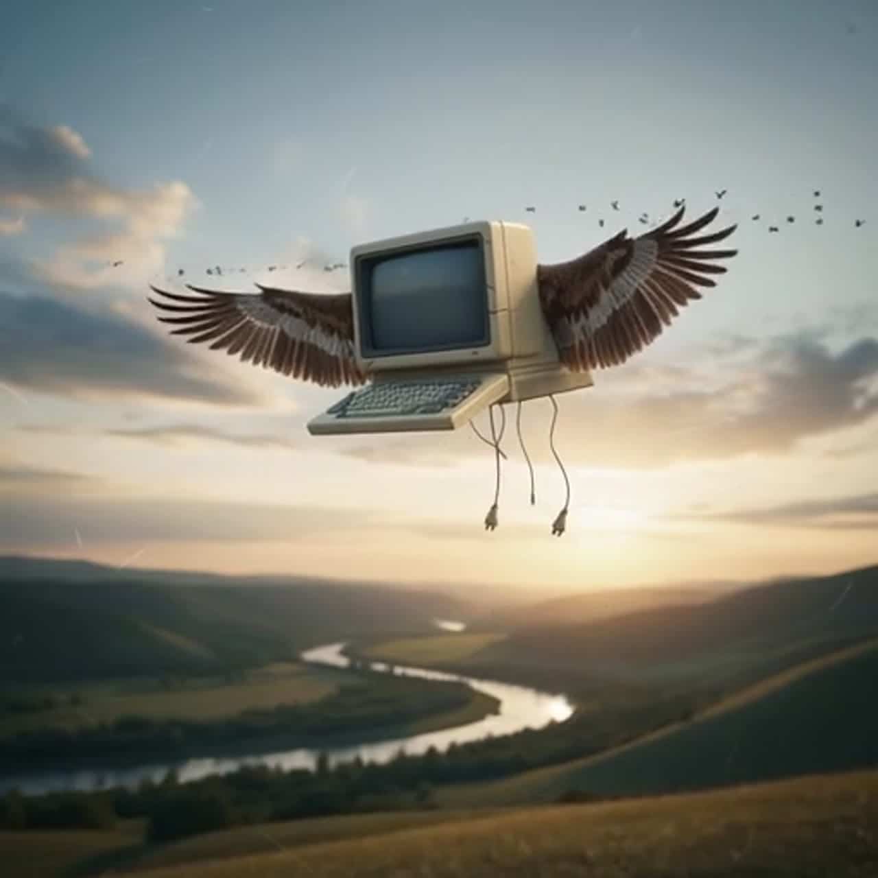 MiniMax Hailuo 02 Standard AI video example: a flying computer