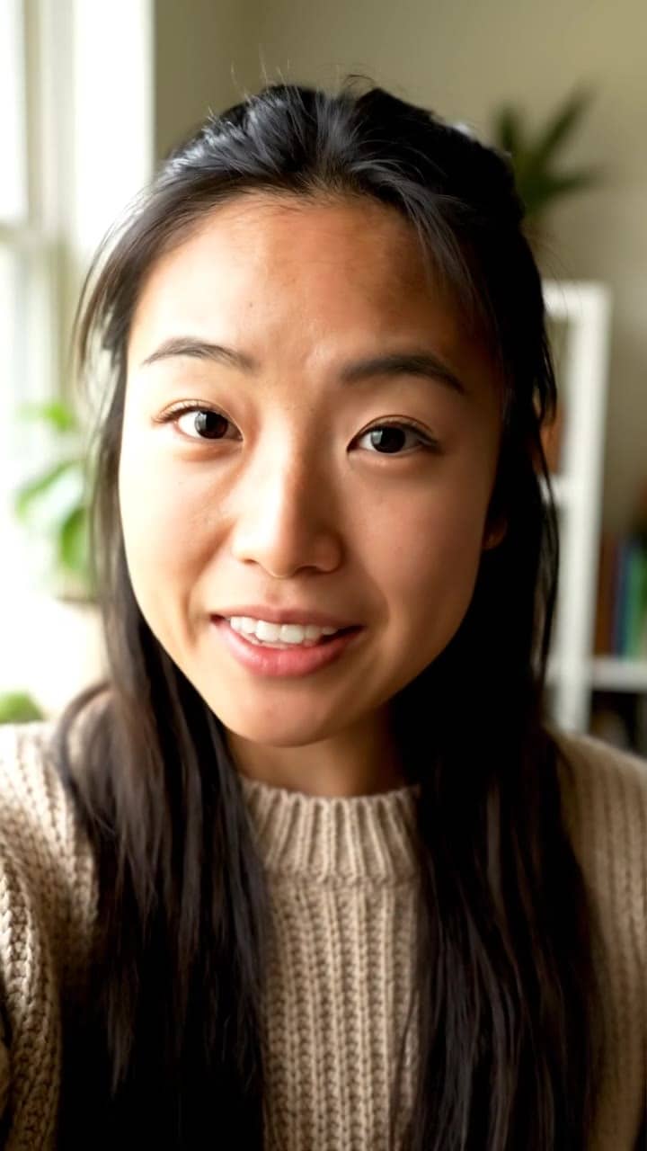 Google Veo 3.1 AI video example: Vertical 9:16 TikTok-style UGC selfie video, handheld smartphone feel, natural indoor daylight near a wi...