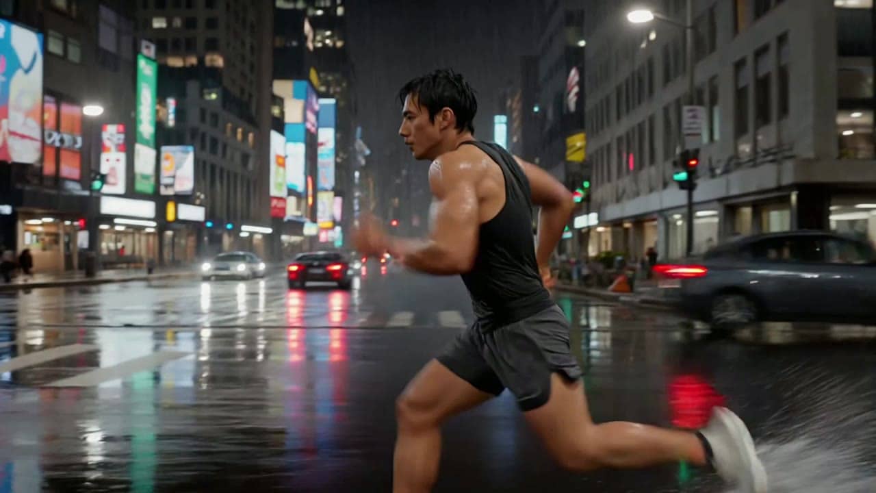 Exemple video IA Seedance 1.5 Pro: Wide 16:9 cinematic action shot, a runner sprints through a rainy city street at night, water splashes...