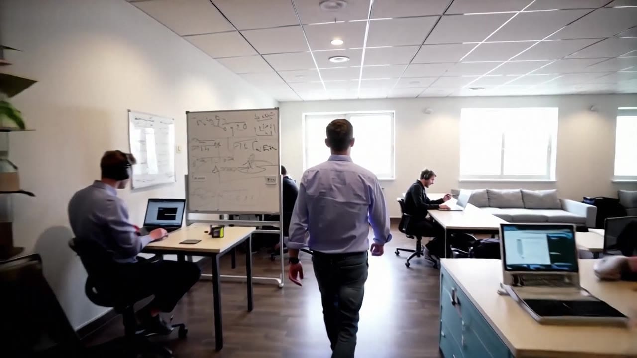 Ejemplo de video IA de LTX Video 2.0 Fast: 18 - 20 second 16:9 continuous shot inside a bright startup office during the day. The camera...