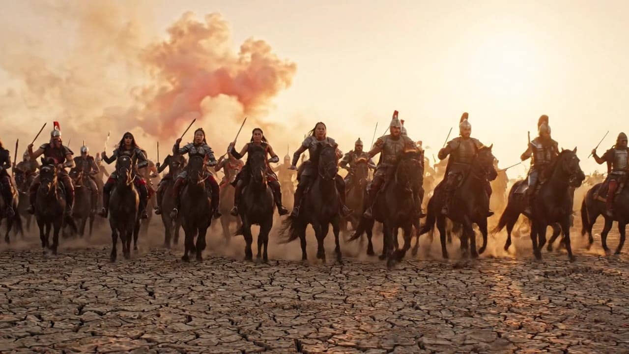 Ejemplo de video IA de Google Veo 3.1 Lite: Wide cinematic shot of cavalry charging across a vast dusty battlefield, horses running towar...