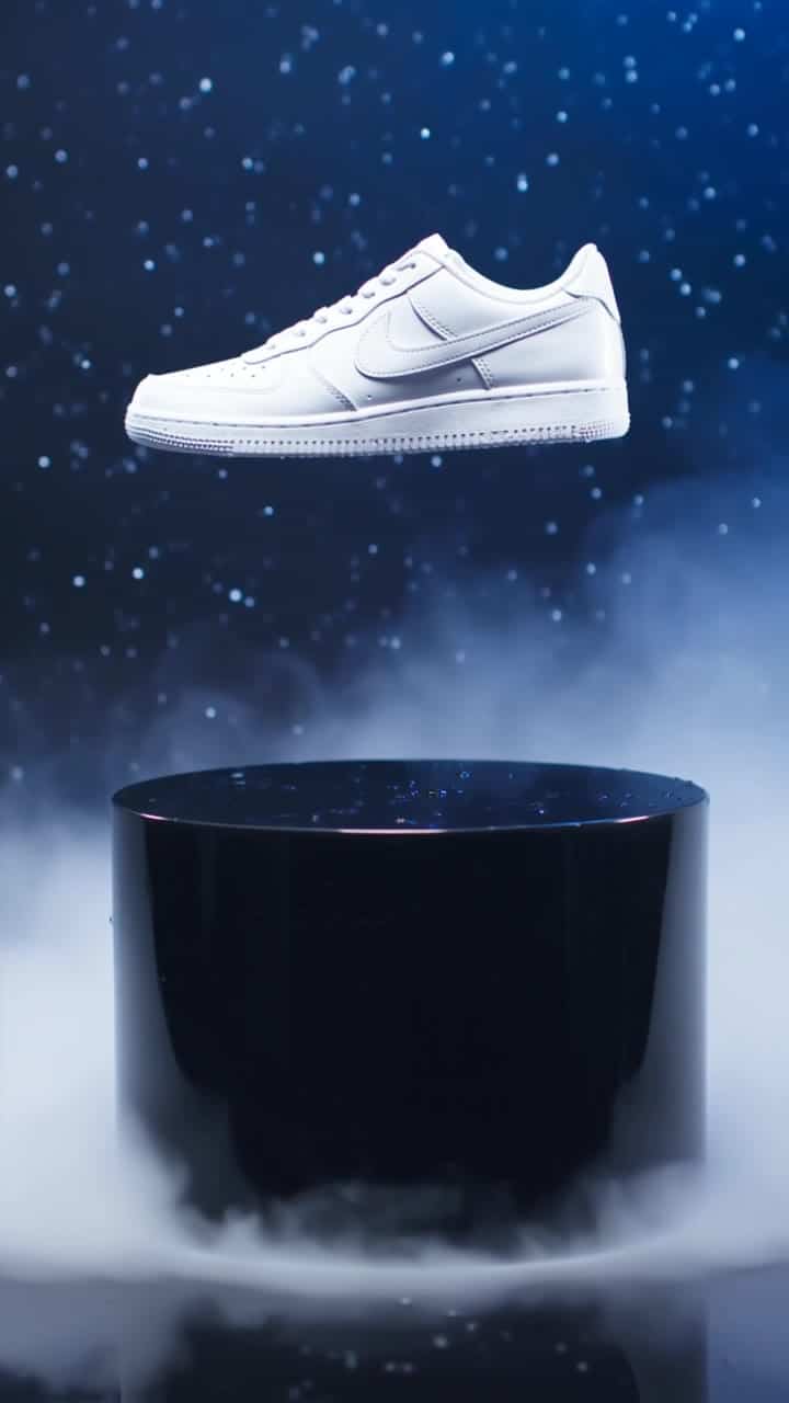 Luma Ray 2 Flash AI video example: **Scene (plain language):** A premium sneaker floats on a matte black pedestal inside a dark studio wi...