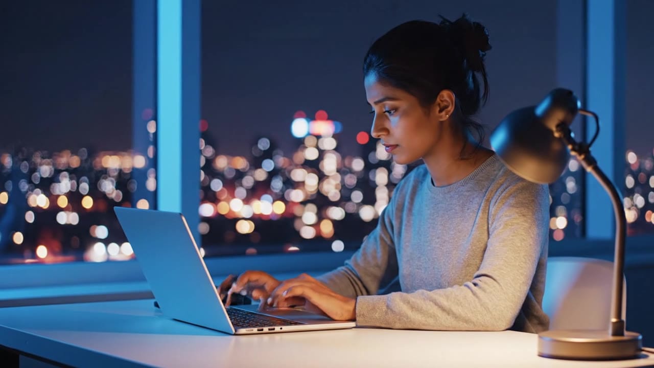 Exemple video IA Google Veo 3.1 Fast: 6 second vertical loop of a young woman working late at a minimalist desk in front of a big window...
