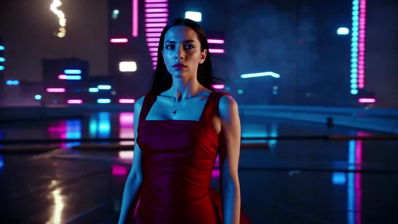 LTX 2.3 Pro AI video example: A striking woman in a flowing crimson evening gown stands alone on a wet rooftop above a neon city at night...