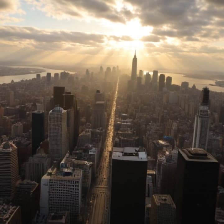 Ejemplo de video IA de Pika 2.2: drone view of manhattan