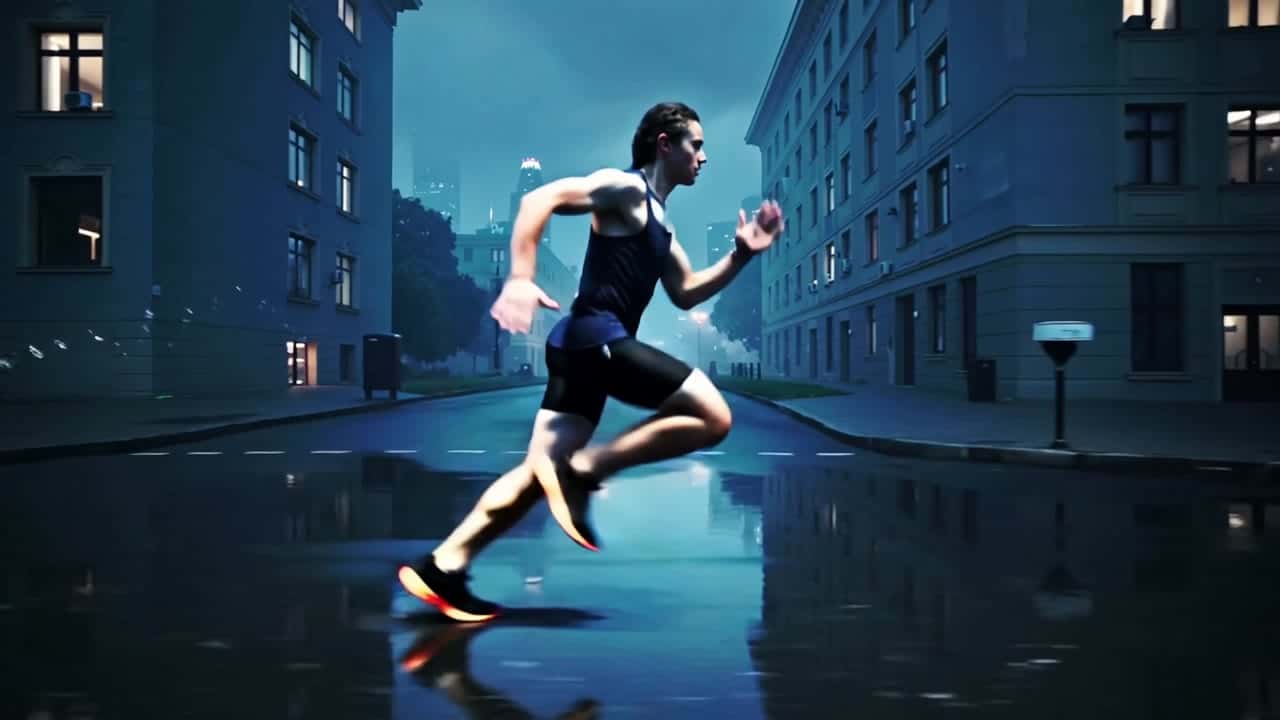 Kling 2.5 Turbo AI video example: Wide 16:9 cinematic action shot, a runner sprints through a rainy city street at night, water splashes...