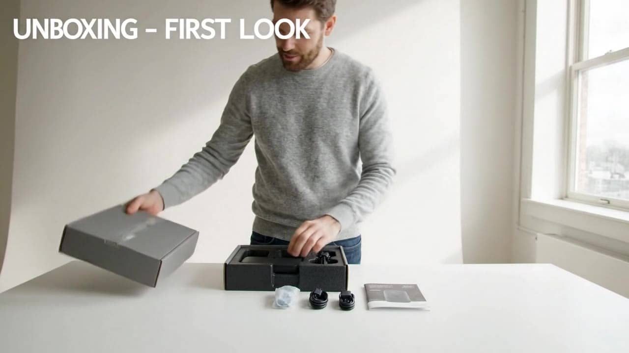 Exemple video IA Google Veo 3.1 Lite: Wide 16:9 full-body unboxing video in a clean studio/kitchen setting. A person is fully visible (he...