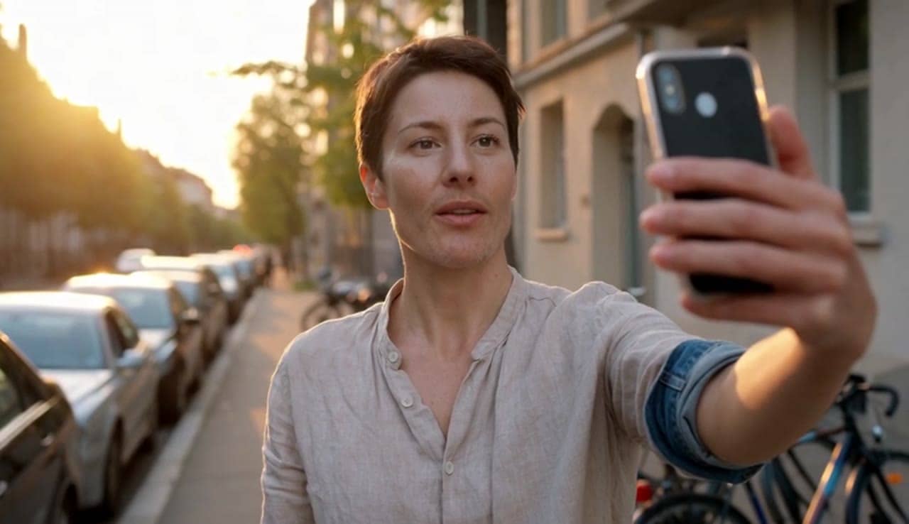 Ejemplo de video IA de Wan 2.5 Text & Image to Video: Ultra-realistic handheld selfie shot, filmed on a modern smartphone. A 30-year-old...