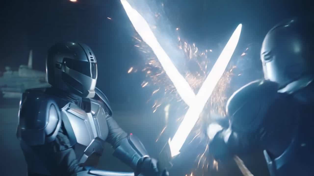 Kling 2.6 Pro AI video example: 10-second 16:9 cinematic shot in a futuristic hangar at night. Two armored fighters stand on a wet metal...