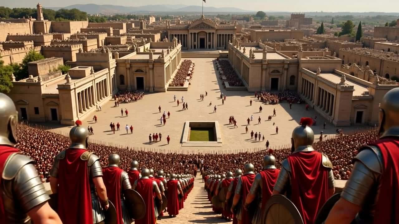 Ejemplo de video IA de Pika 2.2 Text & Image to Video: aerial view of an antique city with roman army