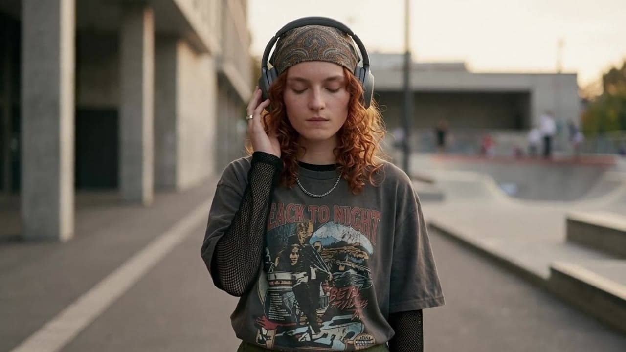 Ejemplo de video IA de LTX 2.3 Pro: Cinematic medium close-up of the same character from the start image, standing in an urban skatepark...