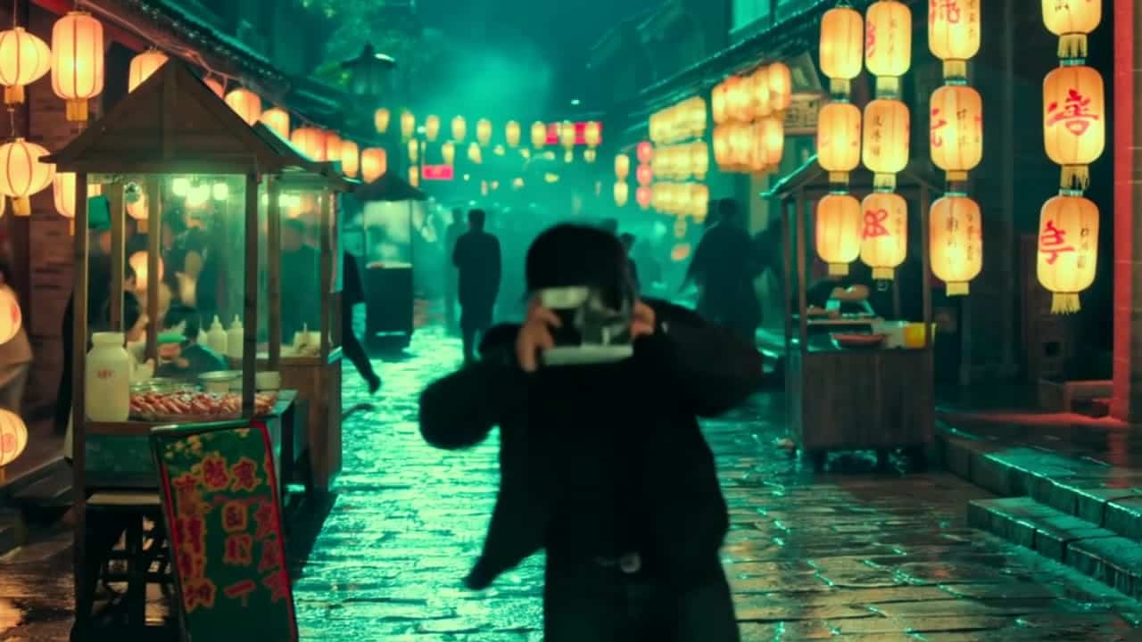 Luma Ray 2 AI video example: **Scene (plain language):** A young man in bold streetwear runs through a crowded 1990s-style night market u...