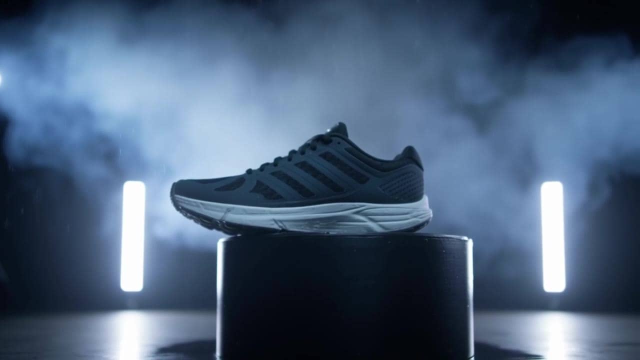 Exemple video IA Luma Ray 2 Flash: **Scene (plain language):** A premium sneaker floats on a matte black pedestal inside a dark studio wi...