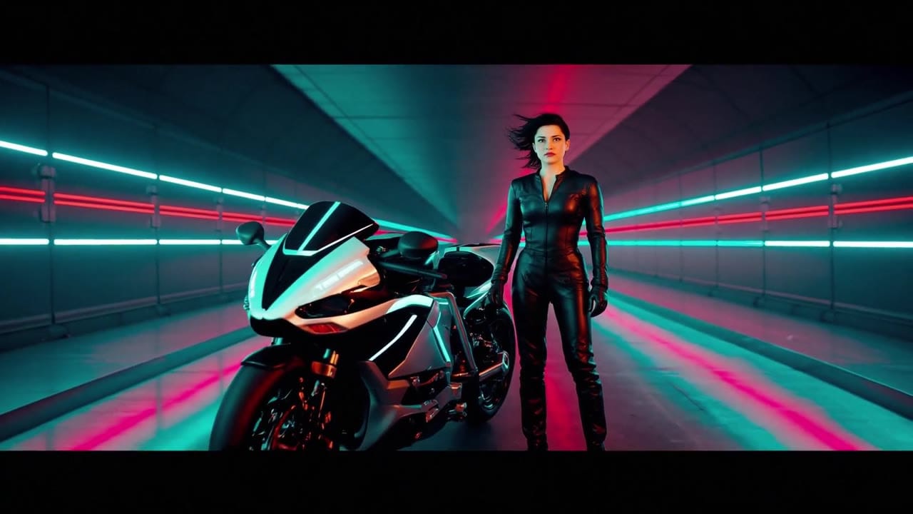 Ejemplo de video IA de LTX 2.3 Fast: A charismatic female racer in a black leather suit stands beside a futuristic motorcycle in a dark n...