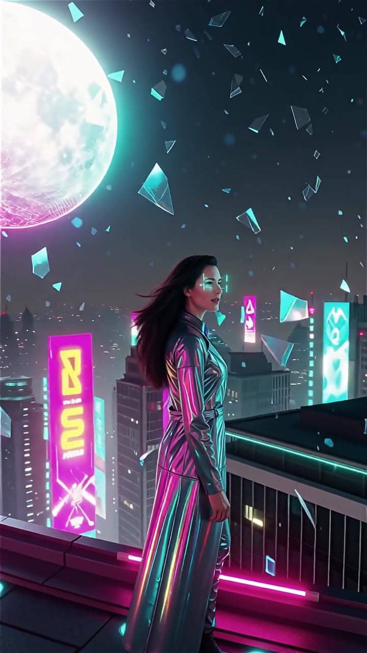 MaxVideoAI Wan 2.5 Text & Image to Video example – Cinematic cyberpunk rooftop at night, vertical 9:16. A neon-lit heroine faces a glowing holographic moon; practical LED reflections play realistically across h…