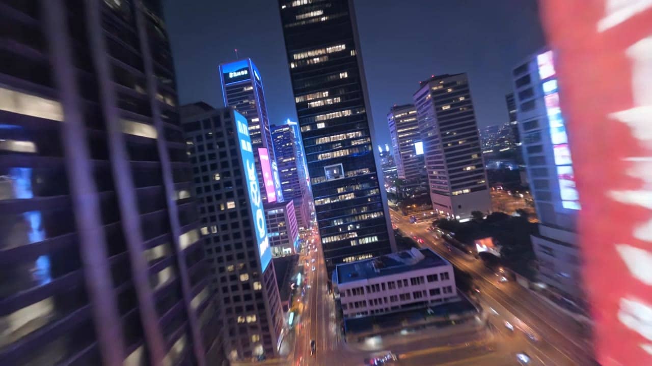 Kling 3 Pro AI video example: cinematic drone shot flying through a futuristic city, smooth continuous motion, camera dives into a window...
