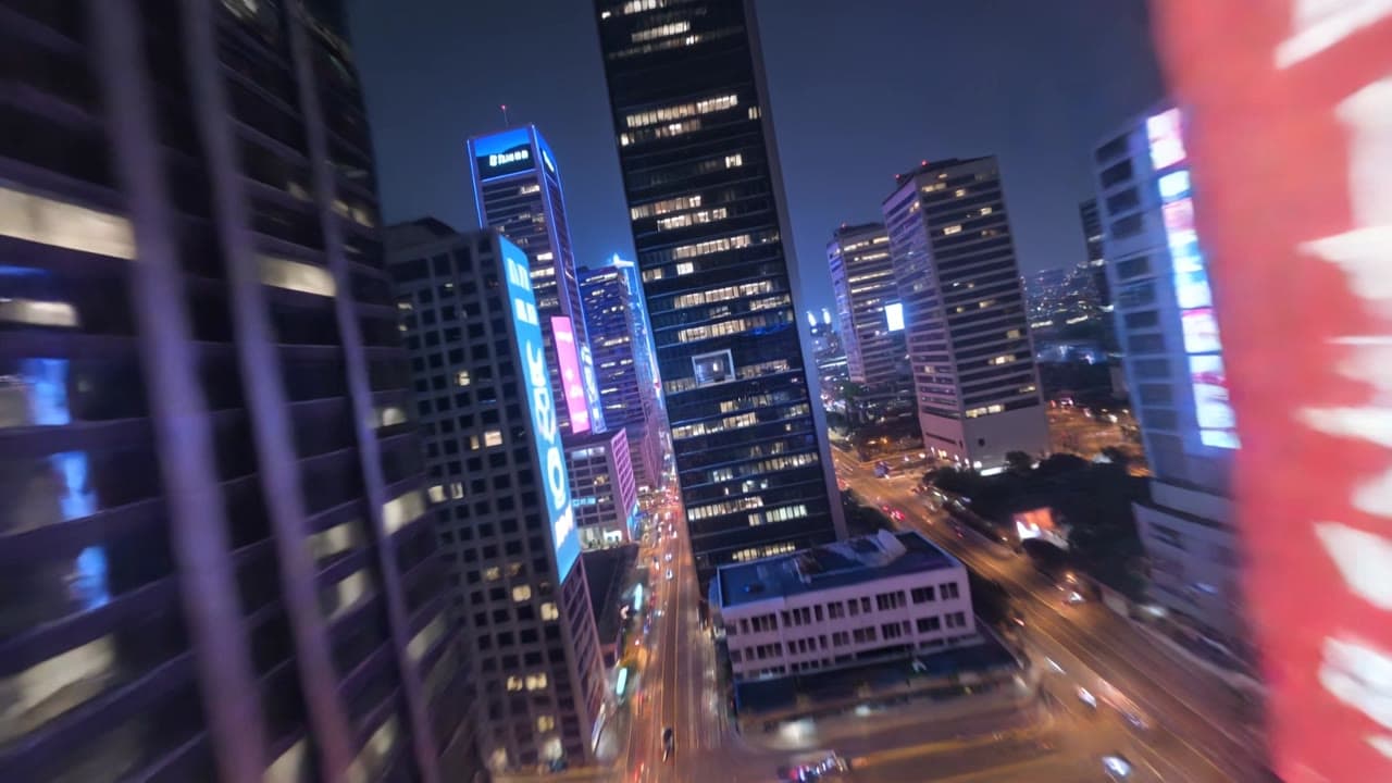 Kling 3 Pro camera movement example: futuristic city flythrough
