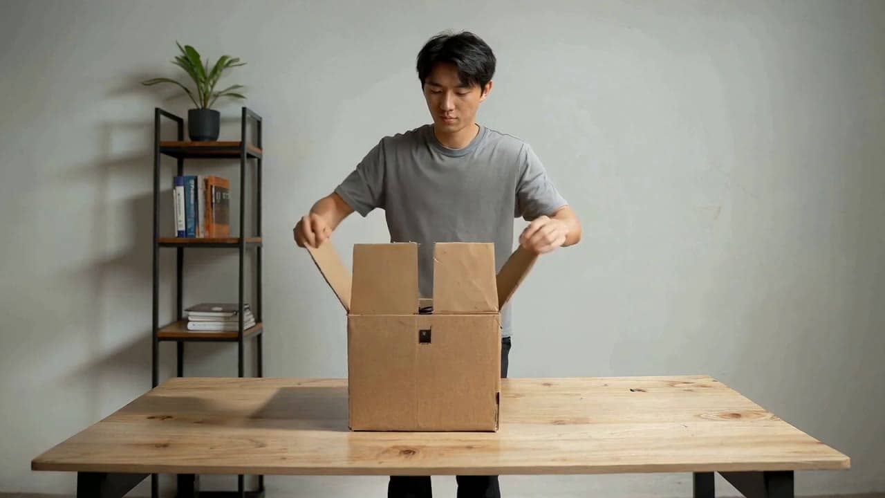 Seedance 1.5 Pro AI video example: Wide 16:9 full-body unboxing video in a clean studio/kitchen setting. A person is fully visible (head...