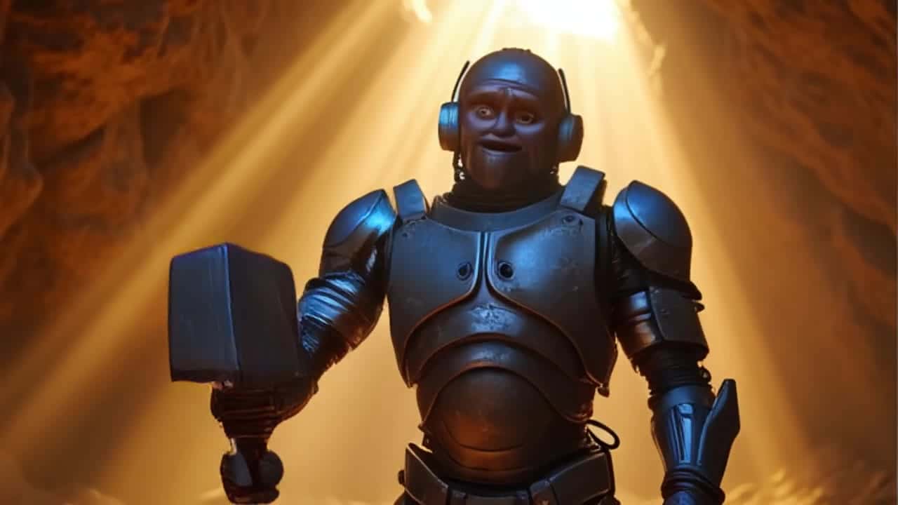 Pika 2.2 Text & Image to Video AI video example – A photorealistic cinematic sequence showing a Neanderthal-inspired robot miner working at the entrance of a dusty cave at…