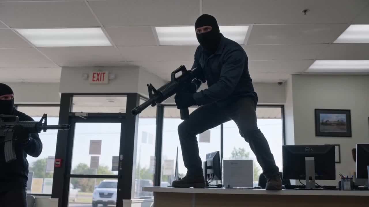 Ejemplo de video IA de Seedance 2.0 Fast: **Prompt EN - intense robbery scene with absurd inflatable weapons** **Brief:** A tense, cinema...