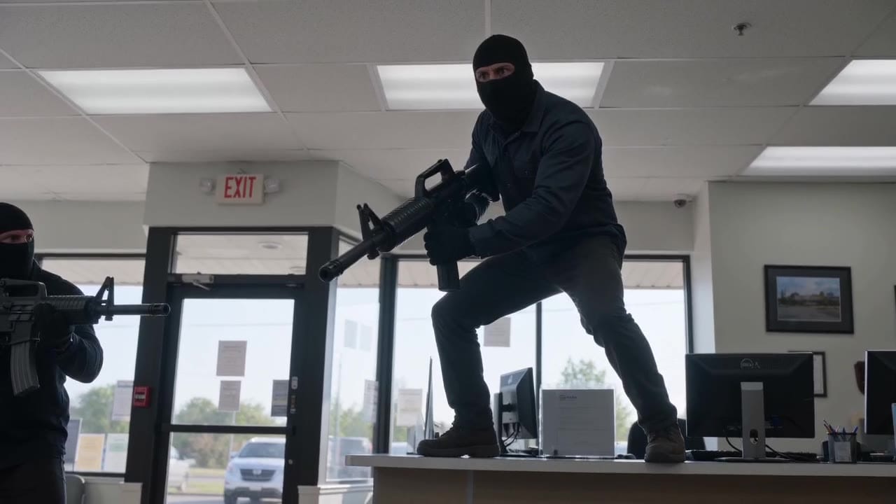 Exemple video IA Seedance 2.0 Fast: Prompt EN - intense robbery scene with absurd inflatable weapons Brief: A tense, cinematic bank robbe...