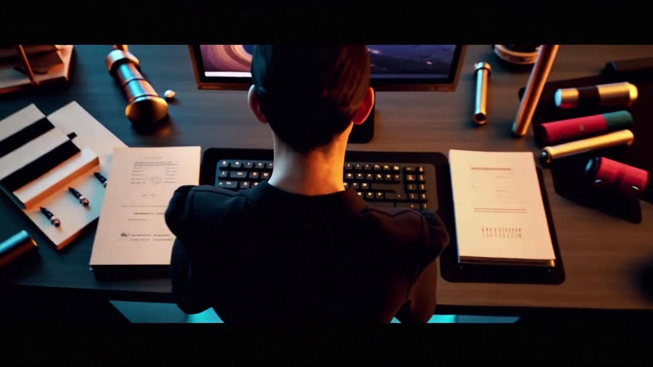 LTX 2.3 Pro AI video example: A creator sits alone in a dark minimalist studio facing a blank monitor, then presses a single key and the...