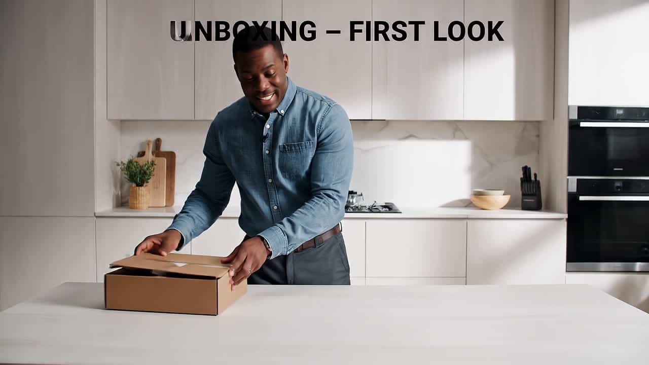 Google Veo 3.1 AI video example: Wide 16:9 full-body unboxing video in a clean studio/kitchen setting. A person is fully visible (head-to...