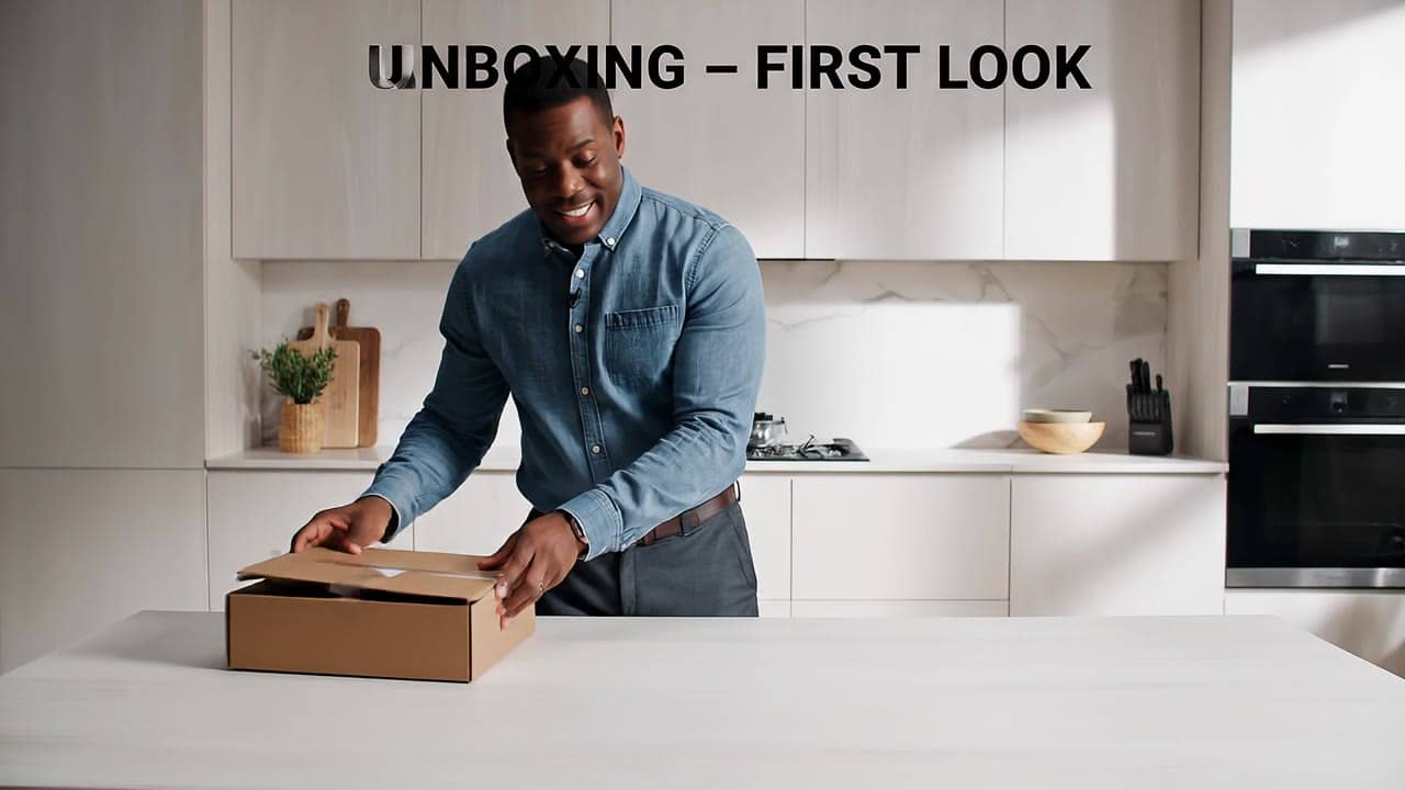 Google Veo 3.1 AI video example: Wide 16:9 full-body unboxing video in a clean studio/kitchen setting. A person is fully visible (head-to...