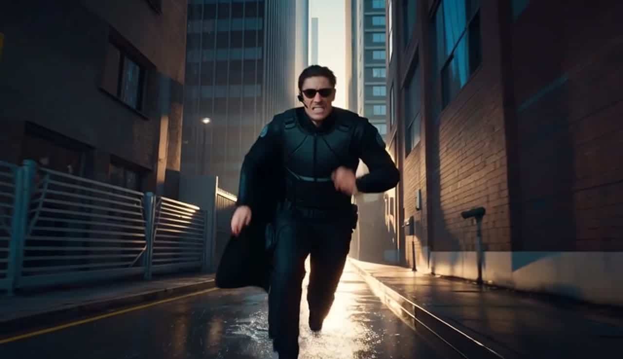 Wan 2.5 Text & Image to Video AI video example: A vertical, cinematic mini action scene where a spy-style hero runs like in a blockbuster...