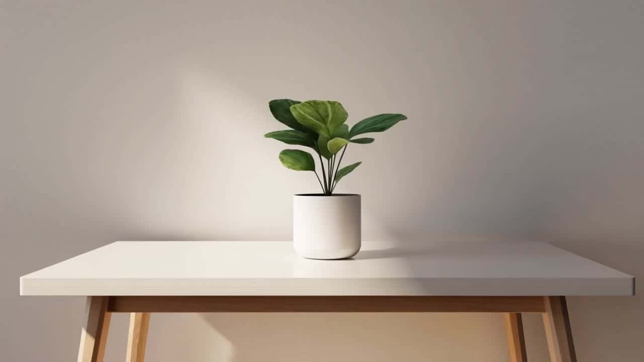 Ejemplo de video IA de MiniMax Hailuo 02 Standard: Minimal desk scene; a plant ‘breathes’ subtly; gentle morning light; seamless calming...