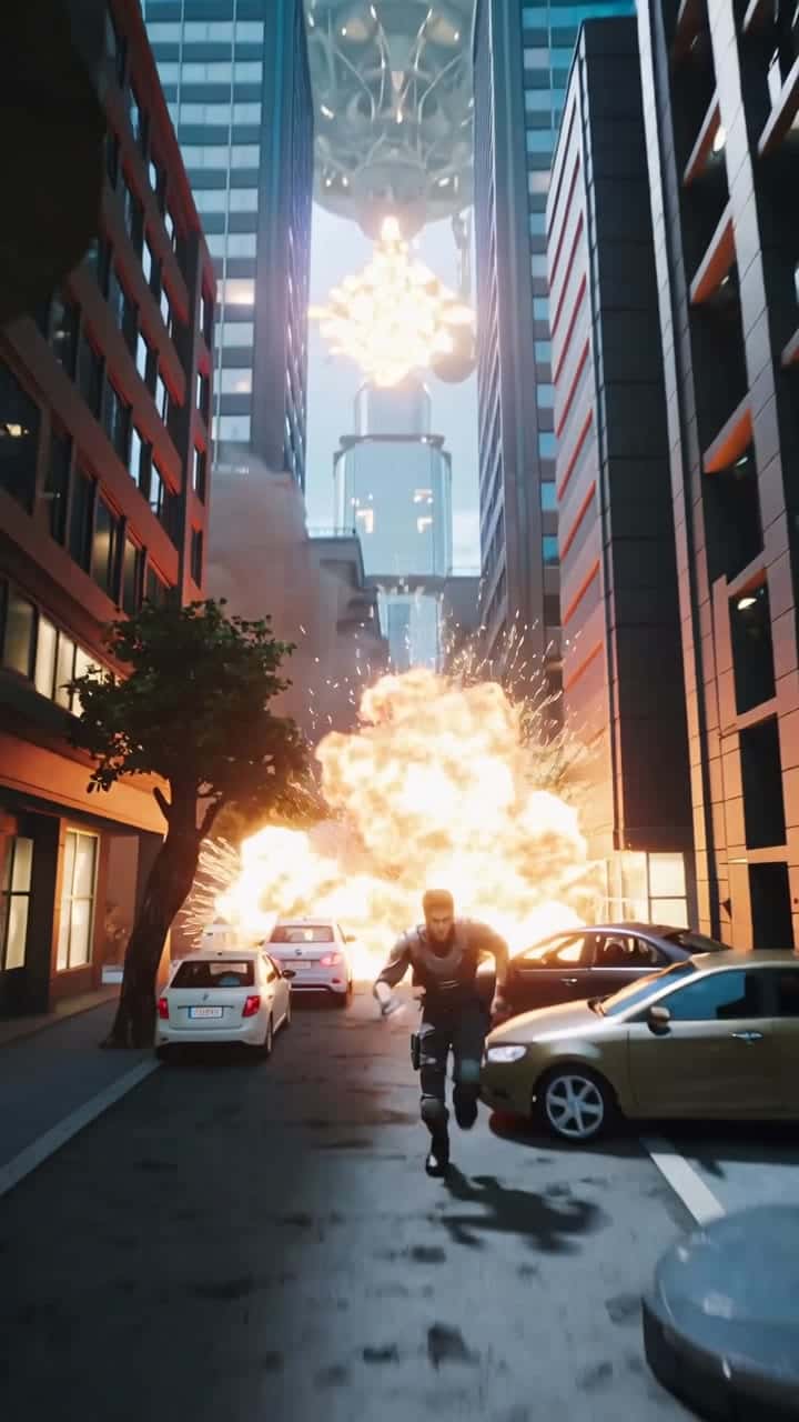 Exemple video IA Kling 2.5 Turbo: Cinematic one-take action sequence in a collapsing futuristic city. The camera follows a single protago...