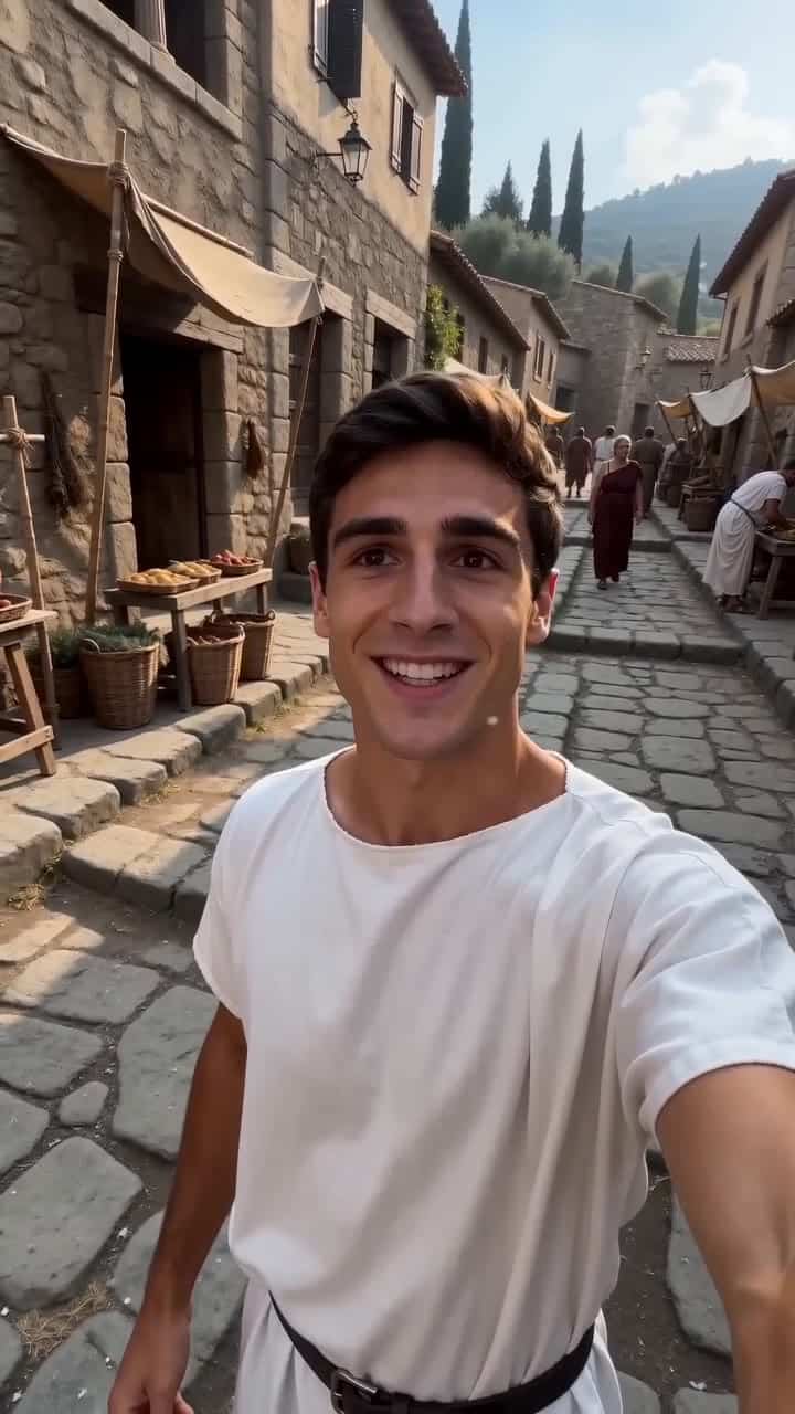 Seedance 2.0 Fast AI video example: **Compact version** Vertical 9:16, ultra-realistic cinematic historical selfie, single continuous han...