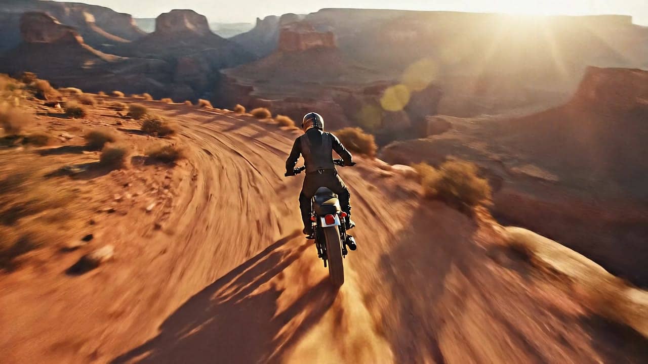 MaxVideoAI Google Veo 3.1 example – A wide drone-style tracking shot over a canyon at golden hour. A lone rider on a vintage scrambler motorcycle races along a…