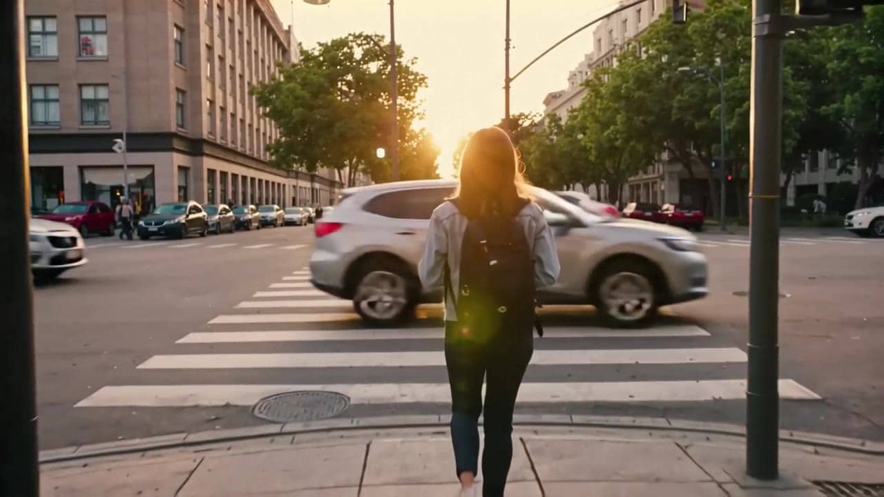 MaxVideoAI LTX Video 2.0 Fast example – 8 second 16:9 cinematic shot at a busy city crosswalk at golden hour. The camera starts behind a young woman with a…