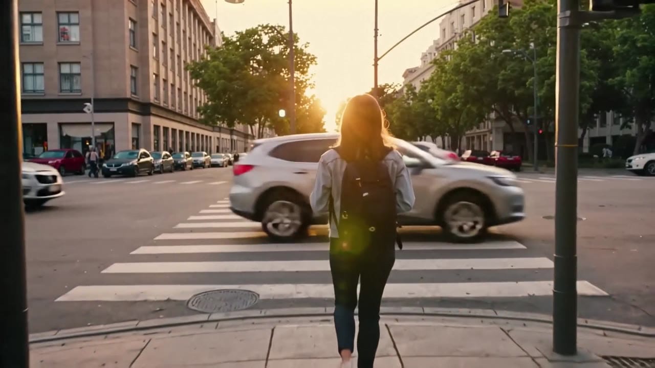 LTX Video 2.0 Fast AI video example: 8 second 16:9 cinematic shot at a busy city crosswalk at golden hour. The camera starts behind a you...