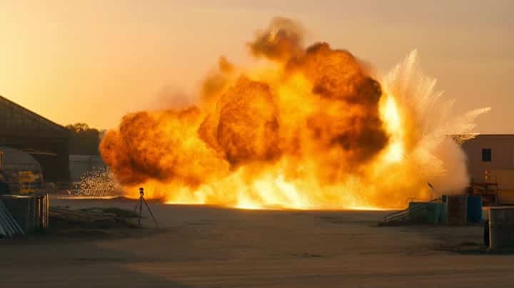 MiniMax Hailuo 02 Standard AI video example: A cinematic fuel-air explosion in an empty industrial yard at golden hour. Wide 16:9 frame...