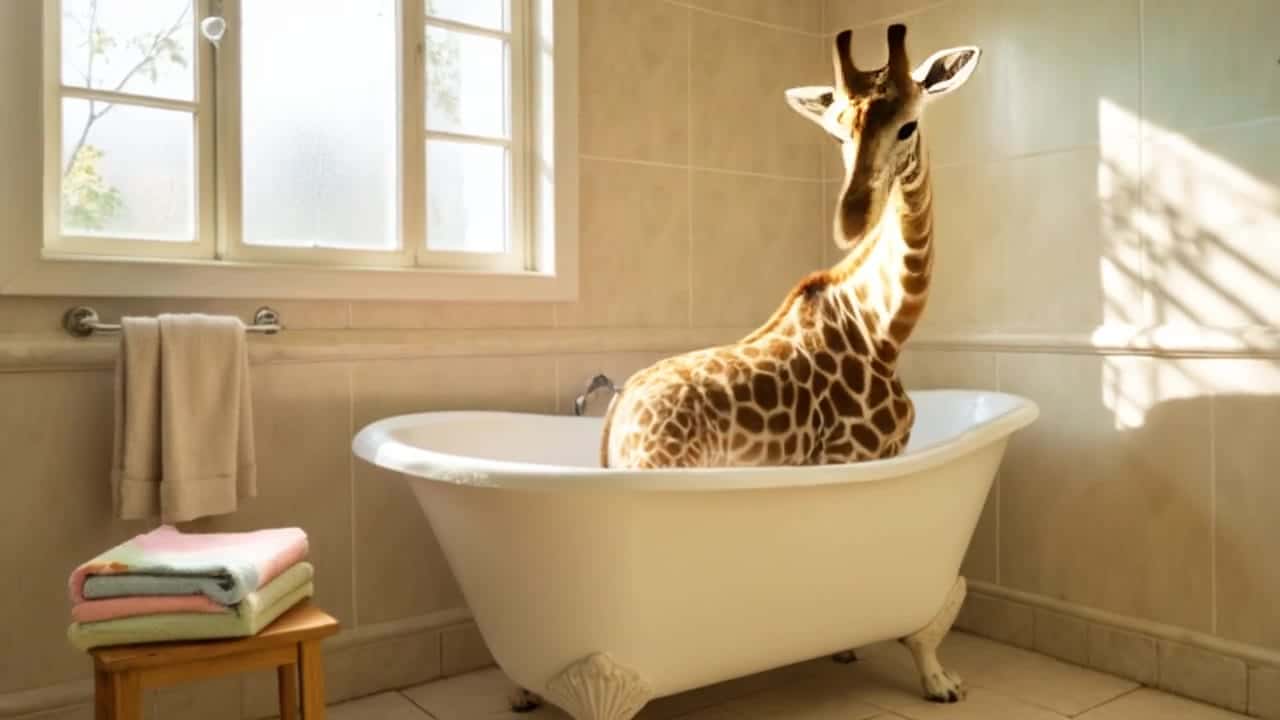 Pika 2.2 Text & Image to Video AI video example – a girafe in a bathtub