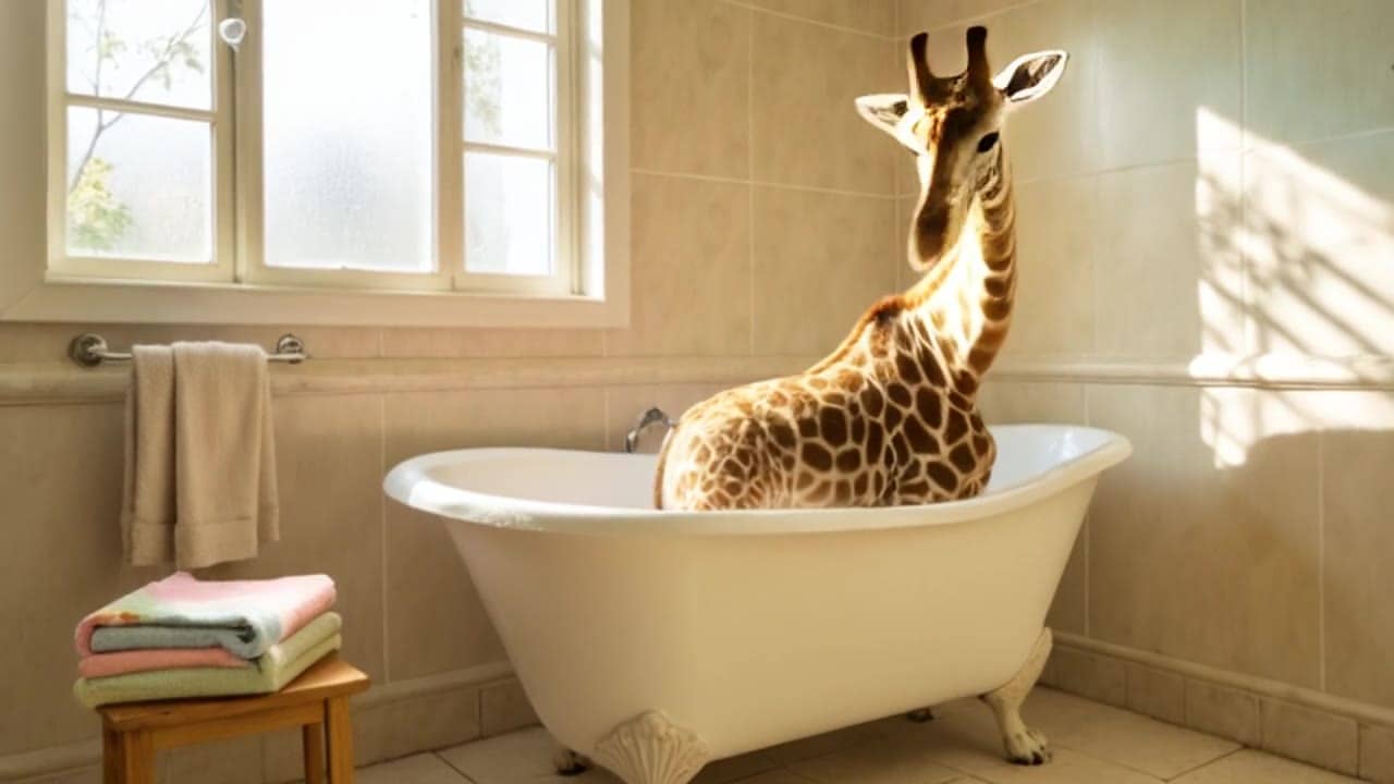 Ejemplo de video IA de Pika 2.2: a girafe in a bathtub