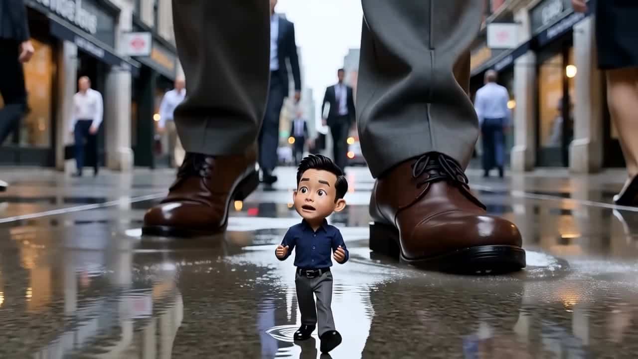 Happy Horse 1.0 AI video example: A tiny miniature man, only 10 centimeters tall, walks through a busy city sidewalk at ground level. Hug...