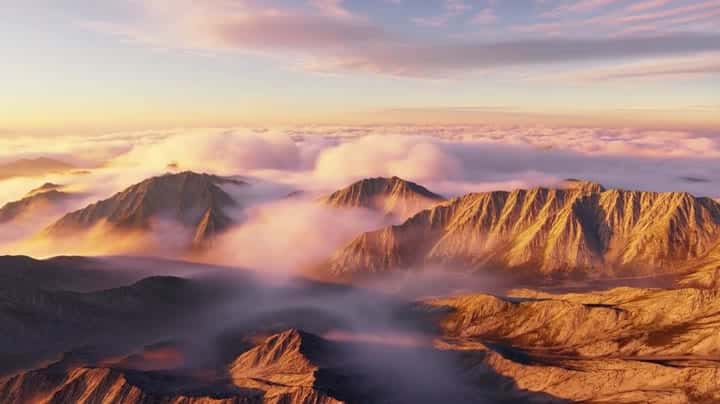 Ejemplo de video IA de MiniMax Hailuo 02 Standard: Sweeping aerial view of a mountain range at golden hour, voluminous clouds drifting be...