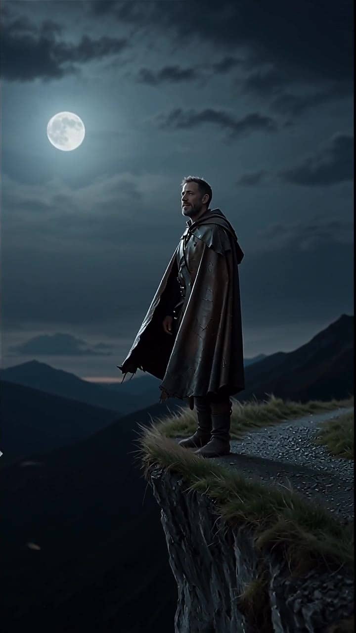 MaxVideoAI Wan 2.5 Text & Image to Video example – Cinematic medieval cliffside at night, vertical 9:16. A lone ranger in a weathered leather cloak stands against a windswept ridge, illuminated by…