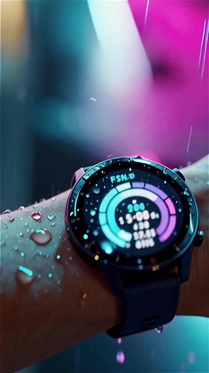 Ejemplo de video IA de Wan 2.5 Text & Image to Video: 10s vertical shot of a fitness smartwatch on a runner’s wrist, timed to an energeti...