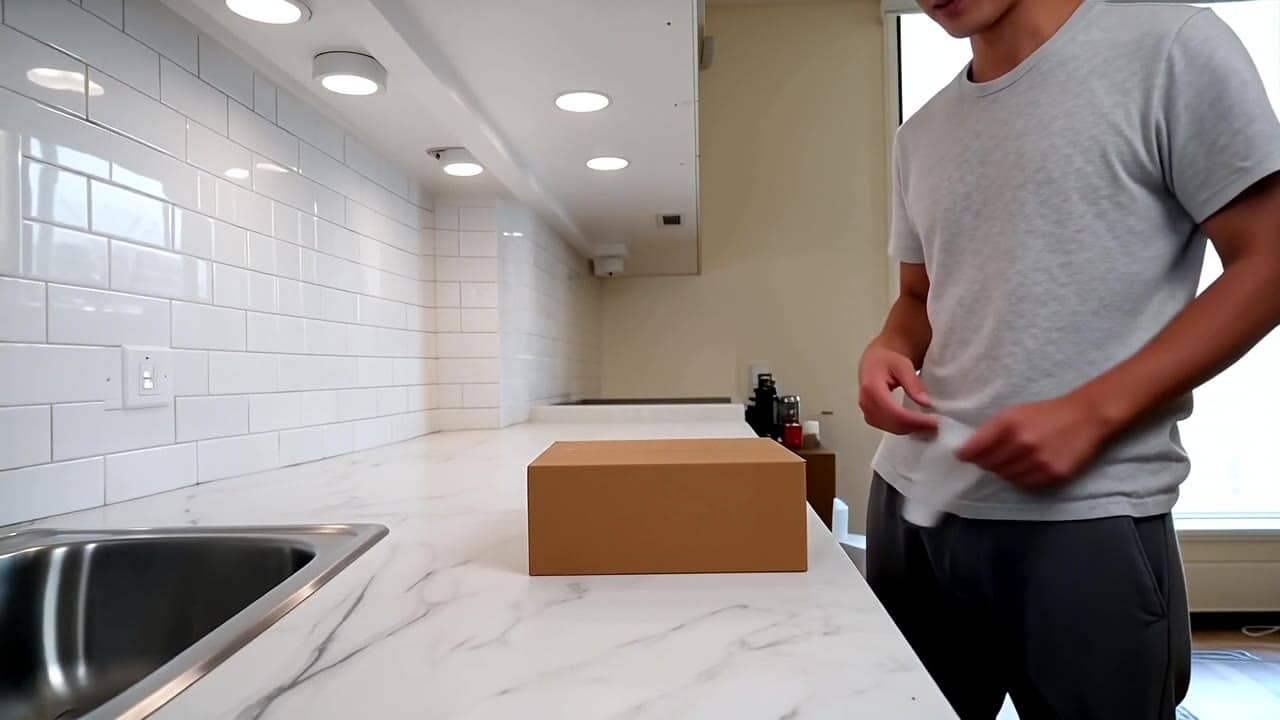 Exemple video IA Wan 2.6 Text & Image to Video: Wide 16:9 full-body unboxing video in a clean studio/kitchen setting. A person is fully v...