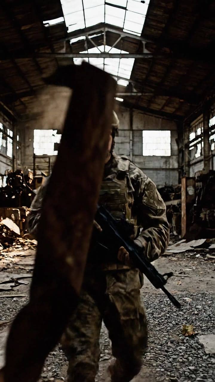 Ejemplo de video IA de Google Veo 3.1 Fast: Medium shot of a soldier stepping into an abandoned factory. Style: modern war thriller, hand...