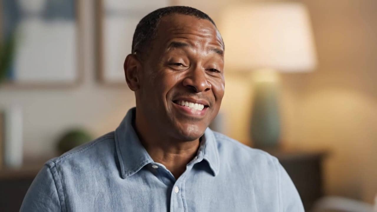 Google Veo 3.1 Fast AI video example: man smile and talk about hapiness