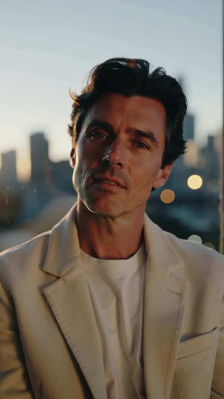 Kling 2.5 Turbo AI video example: 5s vertical 9:16 clip of a startup founder by a window at golden hour. Camera: slow handheld drift from...