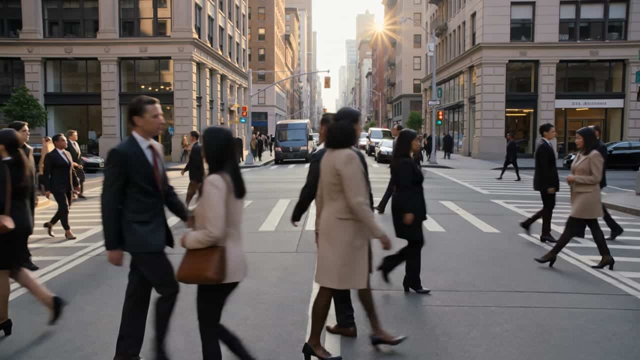 Kling 3 Pro AI video example: Scene: A busy city street at golden hour, filled with people walking in different directions. 00:00 - 00:03...