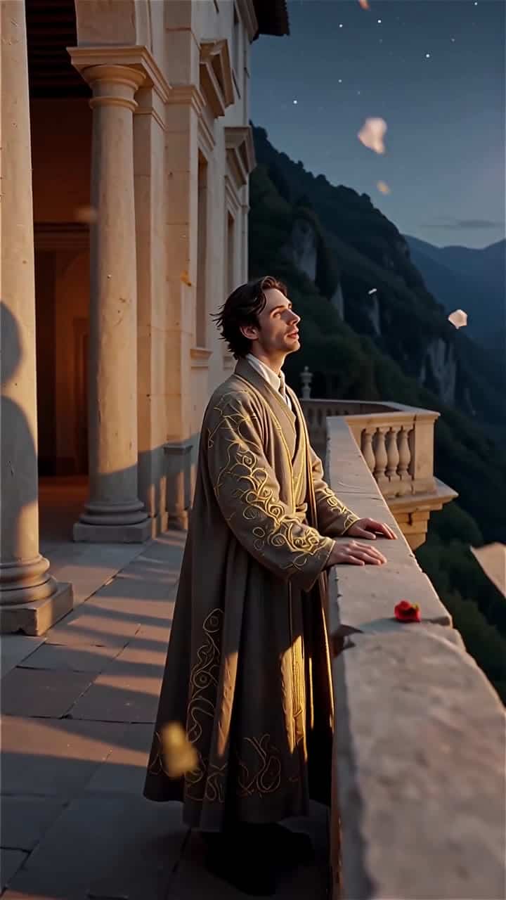 Wan 2.5 Text & Image to Video AI video example: Cinematic Renaissance terrace overlooking a moonlit valley, vertical 9:16. A scholar in o...