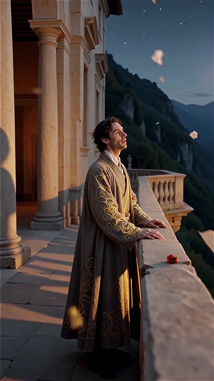 MaxVideoAI Wan 2.5 Text & Image to Video example – Cinematic Renaissance terrace overlooking a moonlit valley, vertical 9:16. A scholar in ornate embroidered garments stands in a gentle breeze, illuminated by…