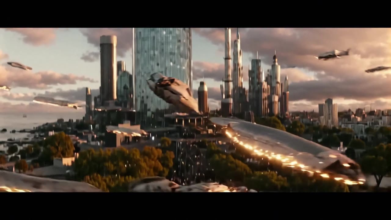 LTX Video 2.0 Pro AI video example: 10-second 16:9 4K cinematic shot above a futuristic coastal megacity at sunset. The camera starts in...